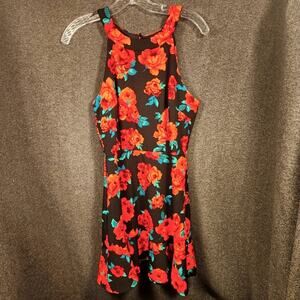 BCX Black Red Green Floral Sleeveless Knee Length Dress Junior 7 Cottagecore